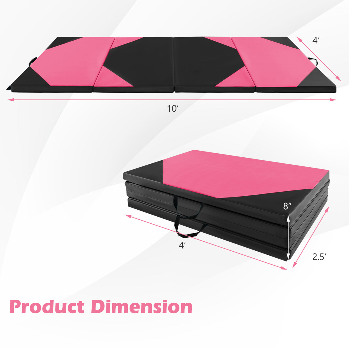 10 Feet x 4 Feet x 2 Inch Folding Exercise Mat with Hook and Loop Fasteners-Black and Pink-Yoga & Gym Mats-DECOROLALA