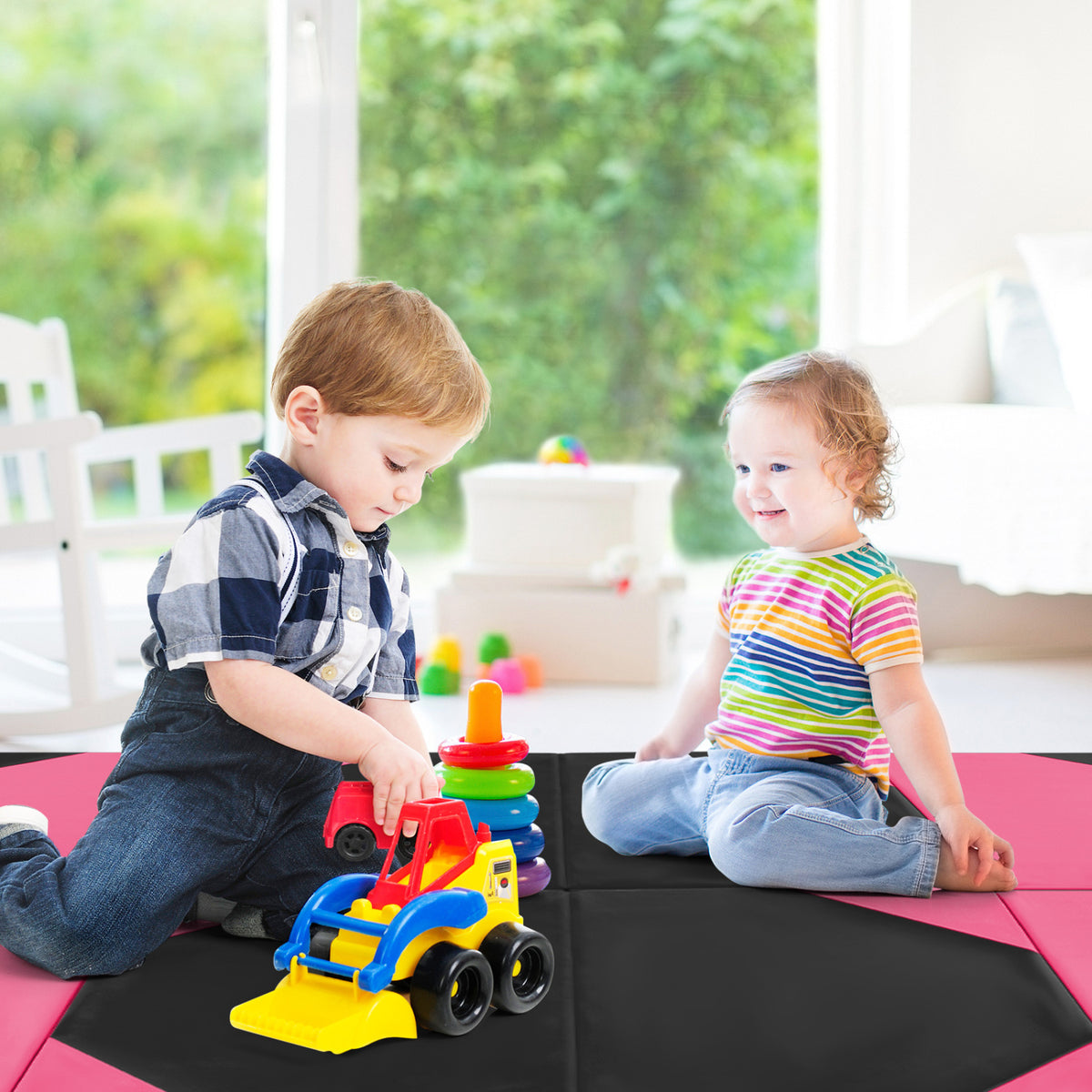 10 Feet x 4 Feet x 2 Inch Folding Exercise Mat with Hook and Loop Fasteners-Black and Pink-Yoga & Gym Mats-DECOROLALA