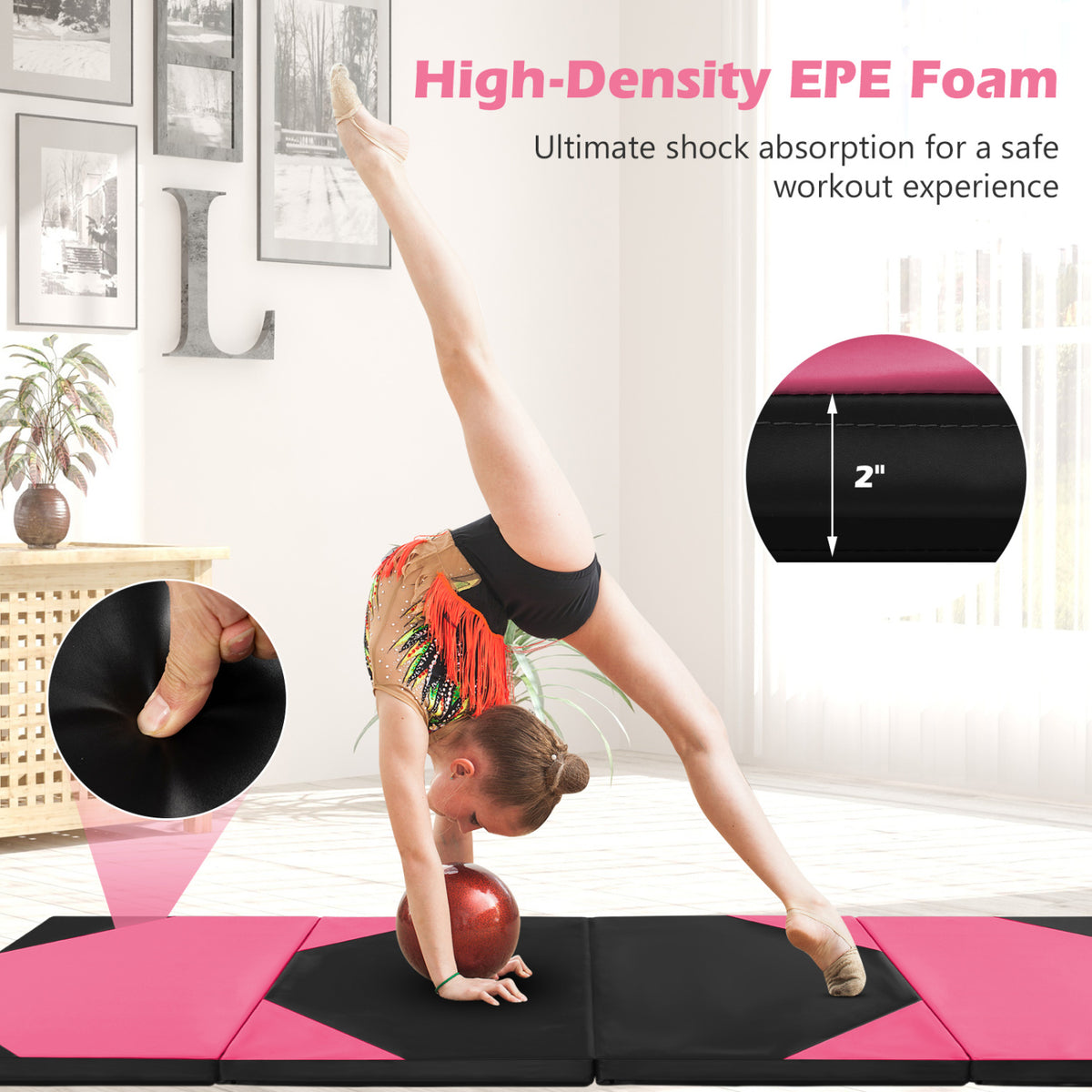 10 Feet x 4 Feet x 2 Inch Folding Exercise Mat with Hook and Loop Fasteners-Black and Pink-Yoga & Gym Mats-DECOROLALA