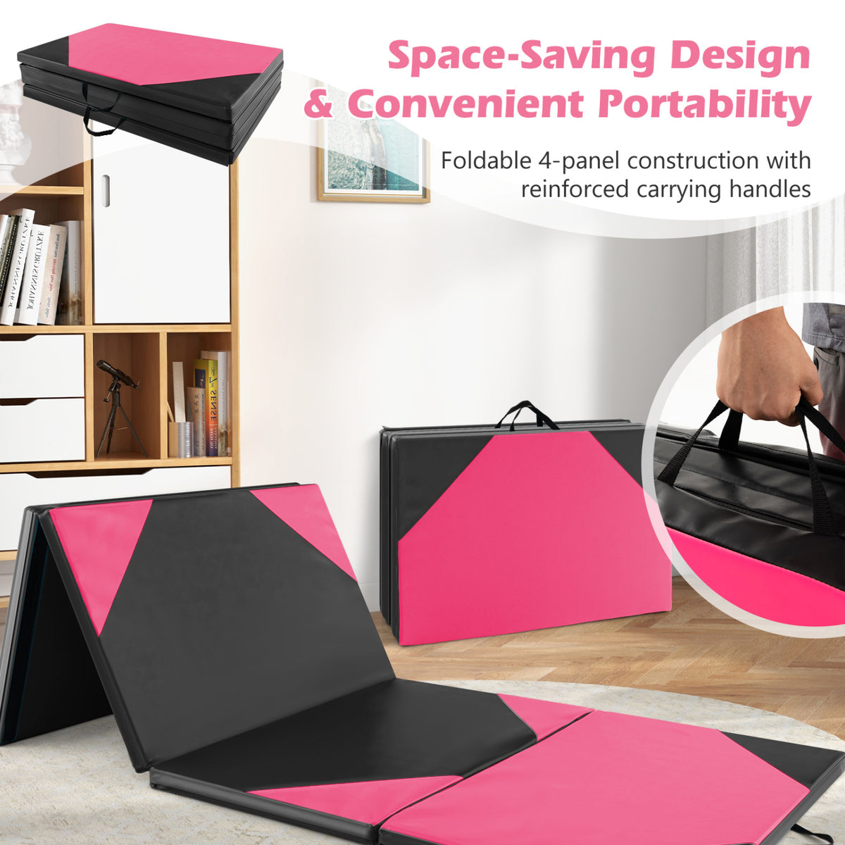 10 Feet x 4 Feet x 2 Inch Folding Exercise Mat with Hook and Loop Fasteners-Black and Pink-Yoga & Gym Mats-DECOROLALA