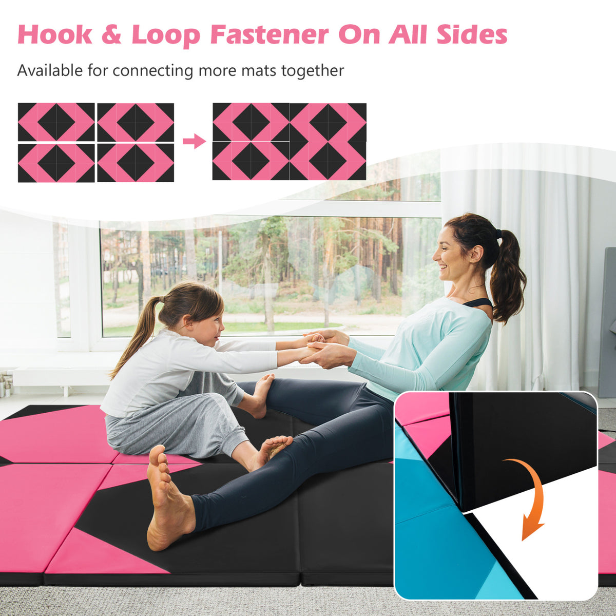 10 Feet x 4 Feet x 2 Inch Folding Exercise Mat with Hook and Loop Fasteners-Black and Pink-Yoga & Gym Mats-DECOROLALA