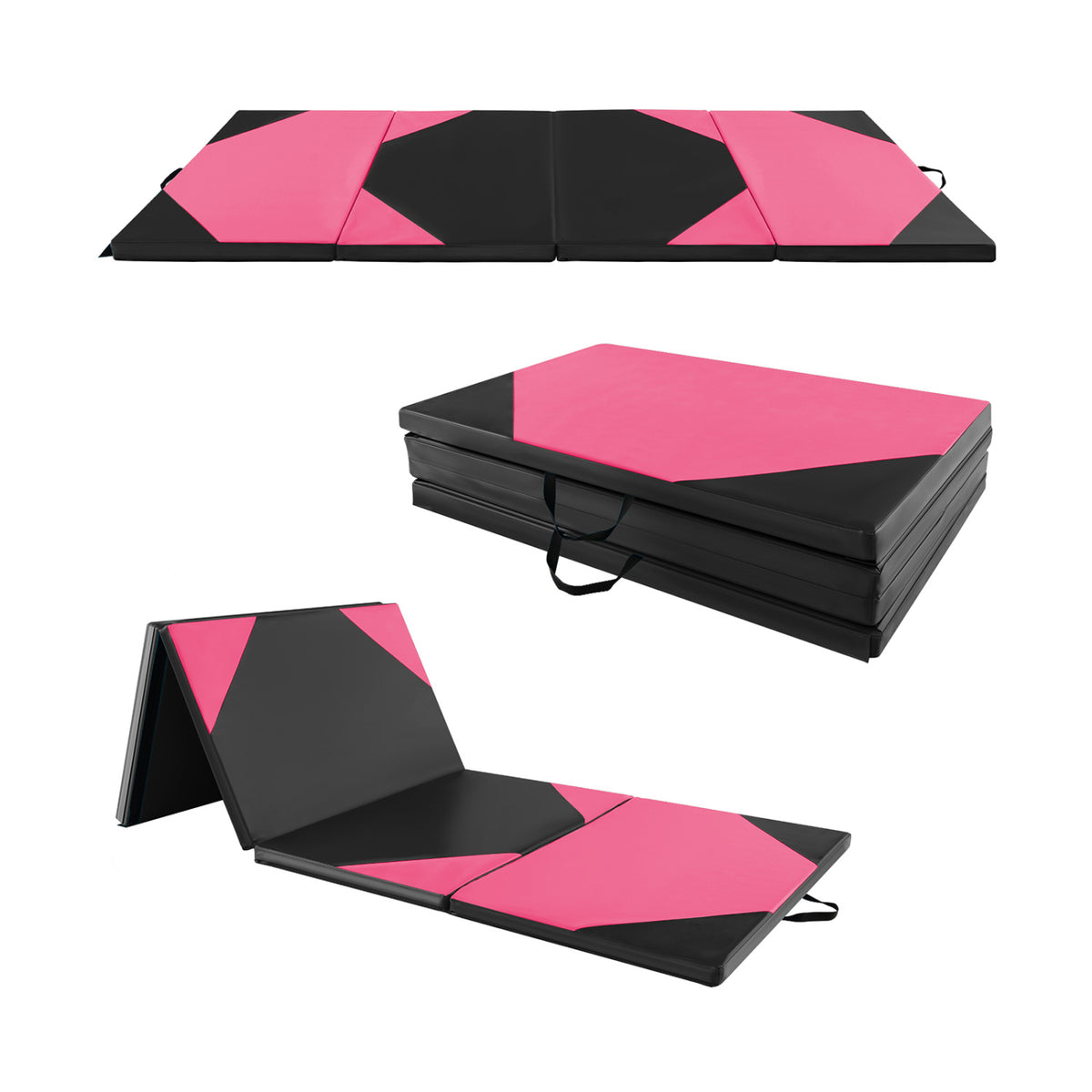 10 Feet x 4 Feet x 2 Inch Folding Exercise Mat with Hook and Loop Fasteners-Black and Pink-Yoga & Gym Mats-DECOROLALA
