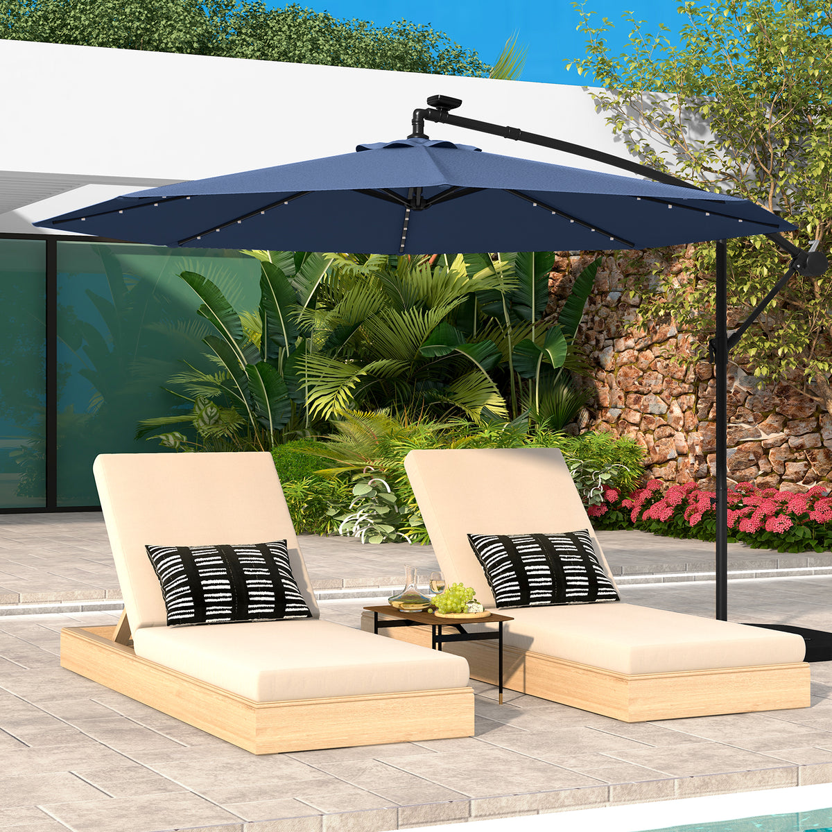 10 Ft Solar LED Offset Umbrella with 40 Lights and Cross Base for Patio-Blue-Outdoor Umbrellas-DECOROLALA