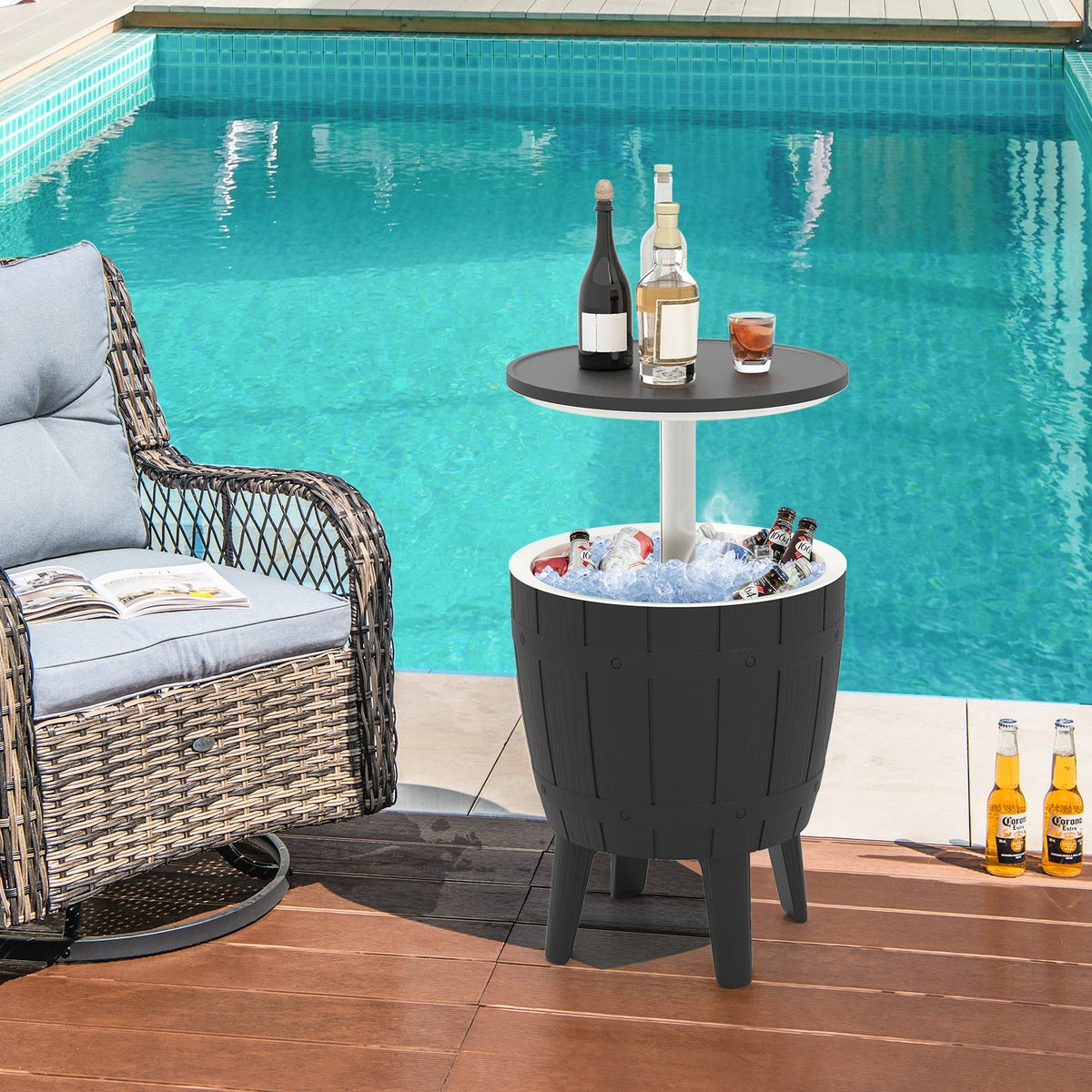 10 Gallon Cooler Bar Table Outdoor Coffee Table Ice Bucket with Telescopic Tabletop for Beer and Wine-Black-Coolers-DECOROLALA