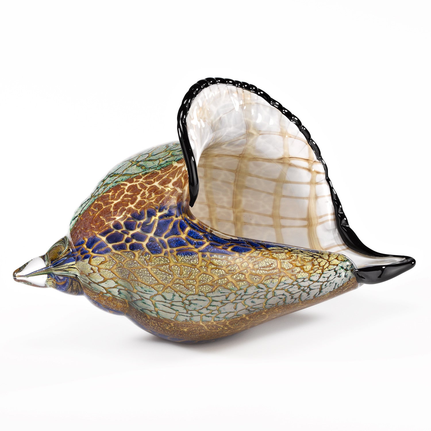 10" Gold Blue Green White Murano Glass Conch Shell Tabletop Sculpture-Sculptures-DECOROLALA