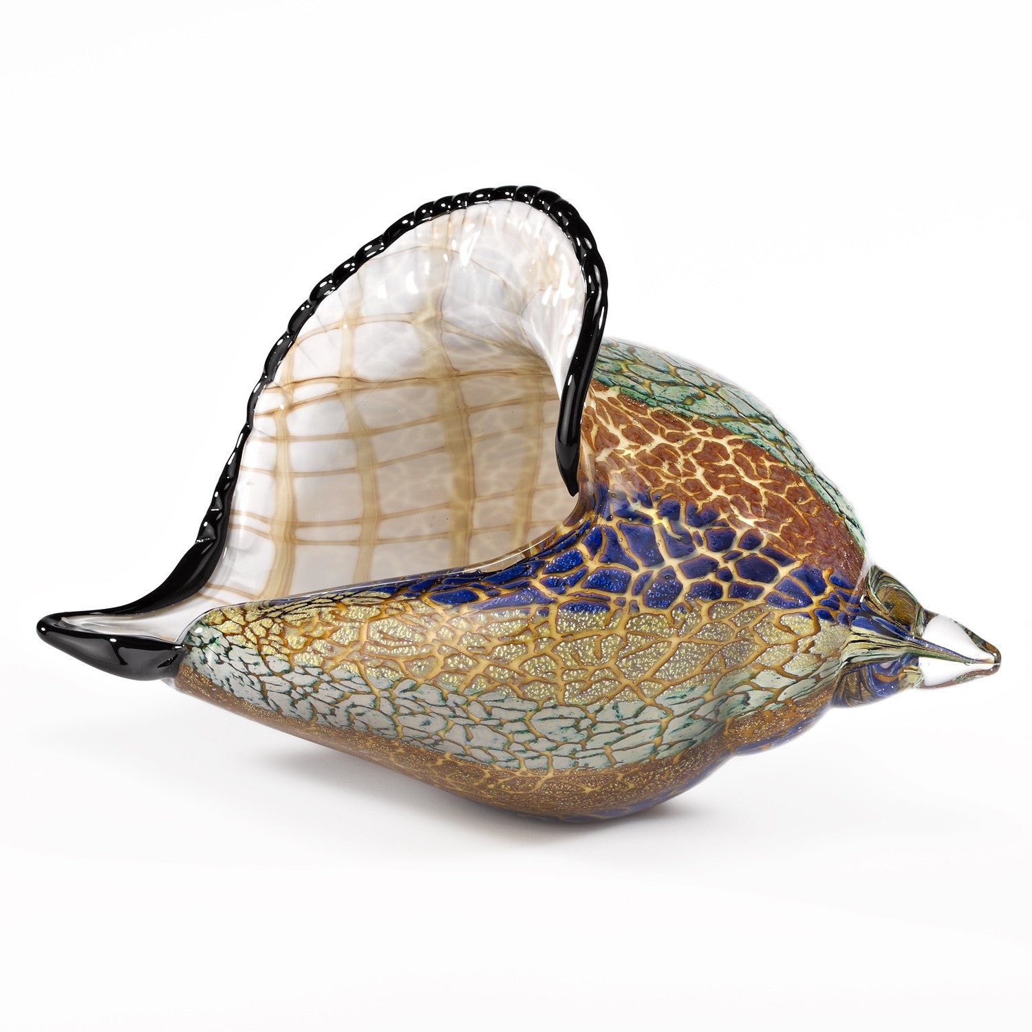10" Gold Blue Green White Murano Glass Conch Shell Tabletop Sculpture-Sculptures-DECOROLALA