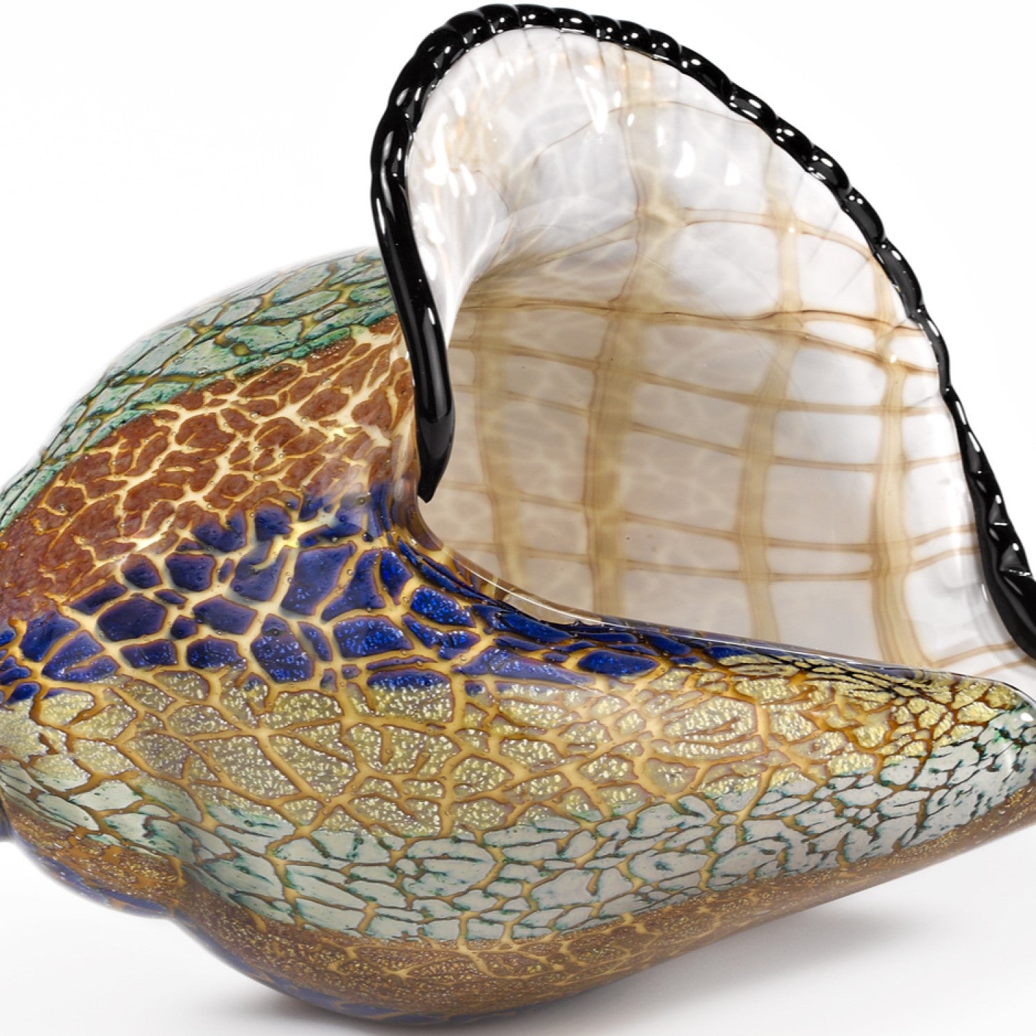 10" Gold Blue Green White Murano Glass Conch Shell Tabletop Sculpture-Sculptures-DECOROLALA
