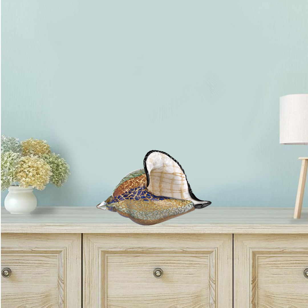 10" Gold Blue Green White Murano Glass Conch Shell Tabletop Sculpture-Sculptures-DECOROLALA