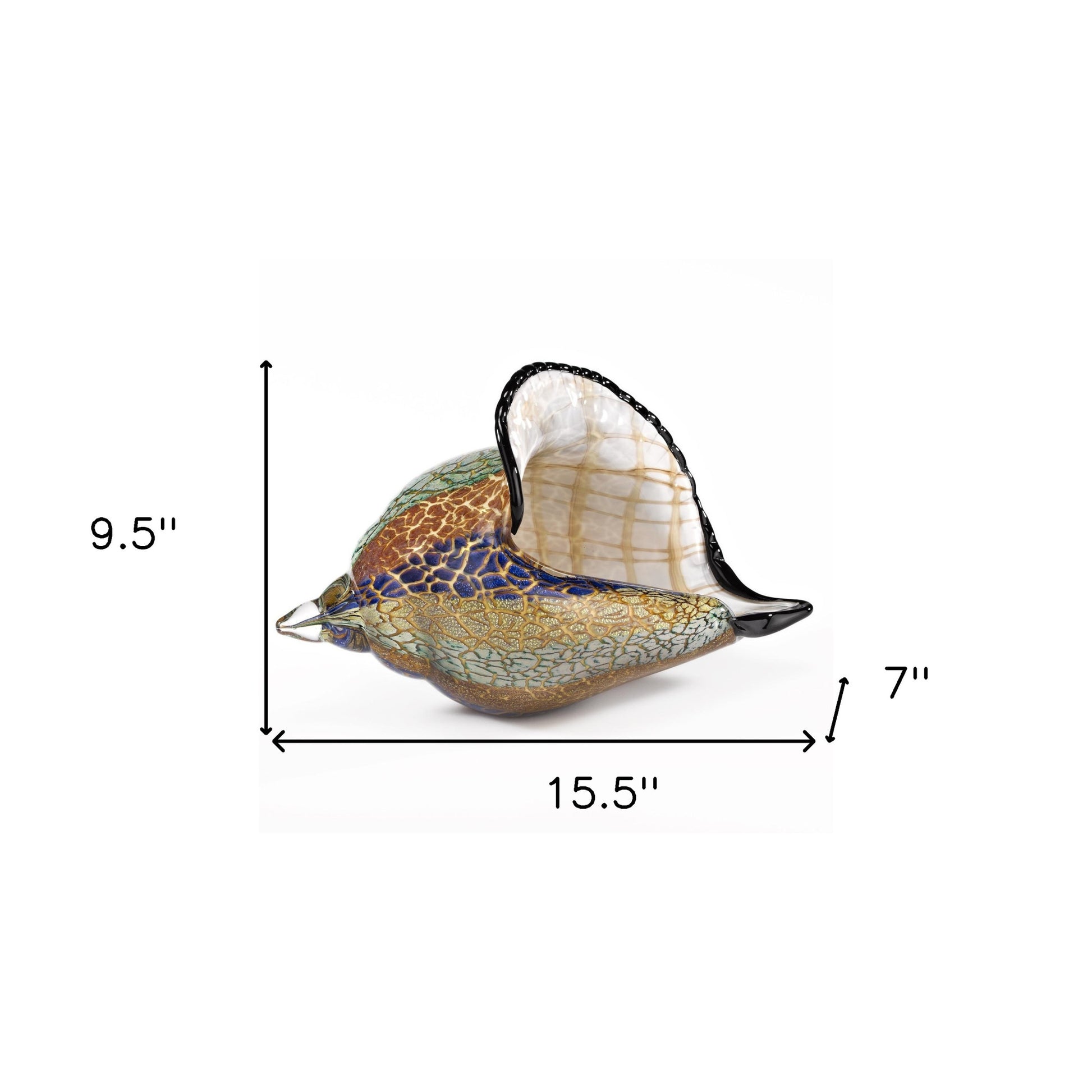 10" Gold Blue Green White Murano Glass Conch Shell Tabletop Sculpture-Sculptures-DECOROLALA