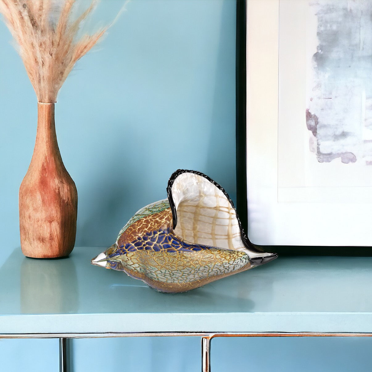 10" Gold Blue Green White Murano Glass Conch Shell Tabletop Sculpture-Sculptures-DECOROLALA