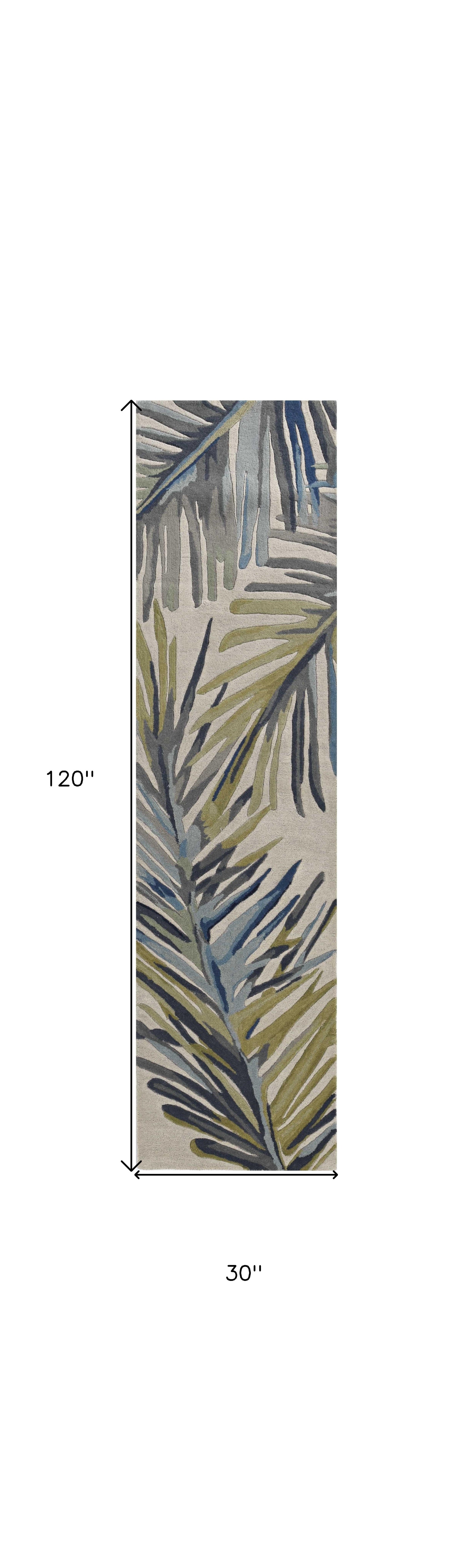 10' Ivory Blue And Green Wool Tropical Botanical Hand Tufted Runner Rug-Area Rugs-DECOROLALA