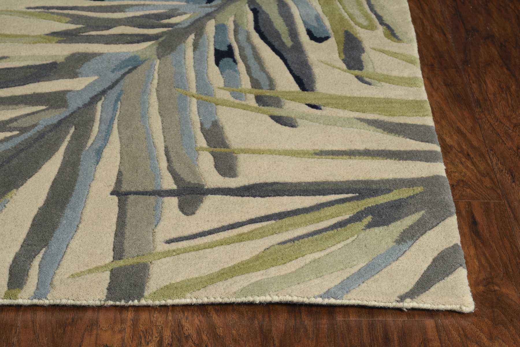 10' Ivory Blue And Green Wool Tropical Botanical Hand Tufted Runner Rug-Area Rugs-DECOROLALA