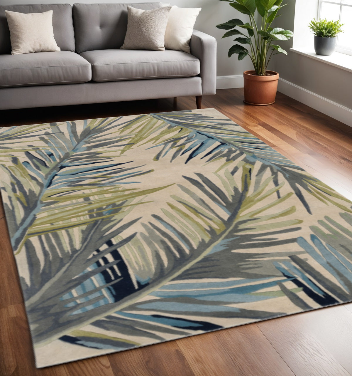 10' Ivory Blue And Green Wool Tropical Botanical Hand Tufted Runner Rug-Area Rugs-DECOROLALA