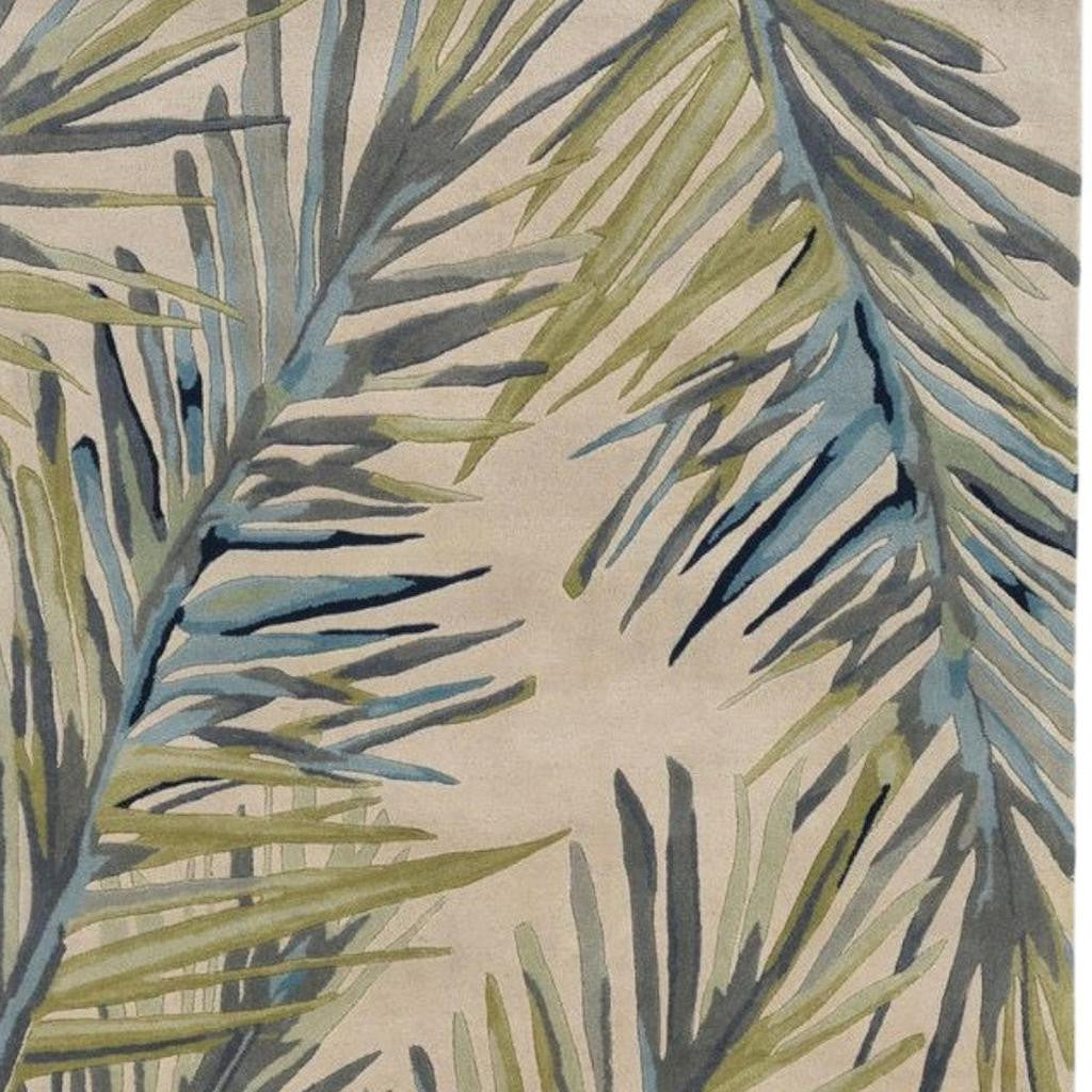10' Ivory Blue And Green Wool Tropical Botanical Hand Tufted Runner Rug-Area Rugs-DECOROLALA