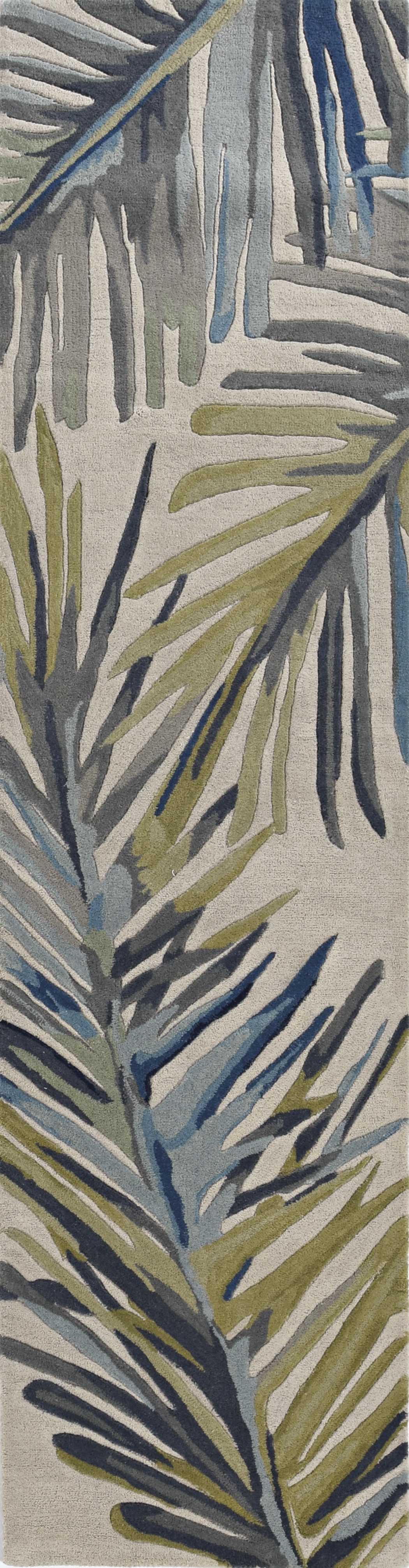 10' Ivory Blue And Green Wool Tropical Botanical Hand Tufted Runner Rug-Area Rugs-DECOROLALA