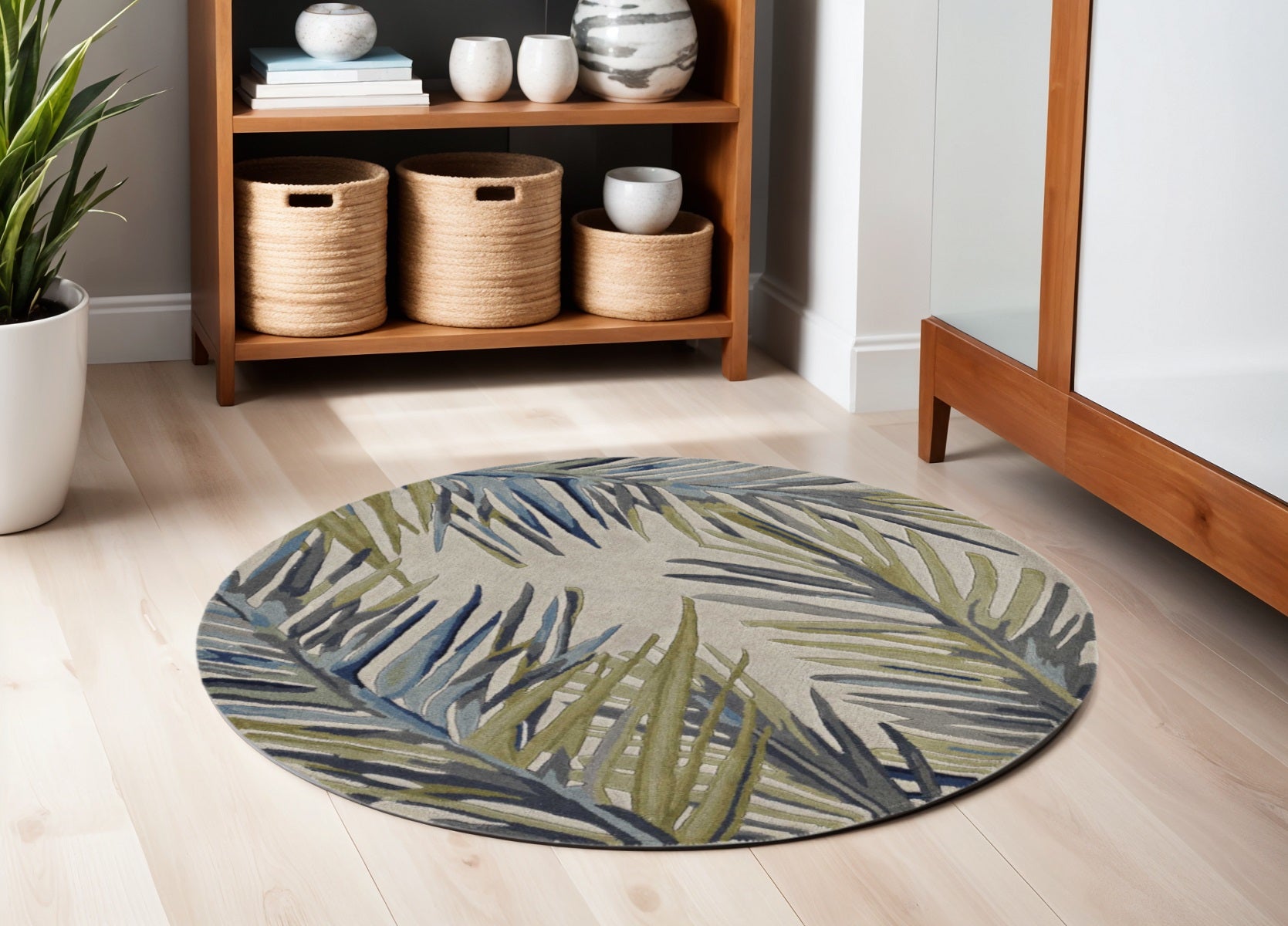 10' Ivory Blue And Green Wool Tropical Botanical Hand Tufted Runner Rug-Area Rugs-DECOROLALA