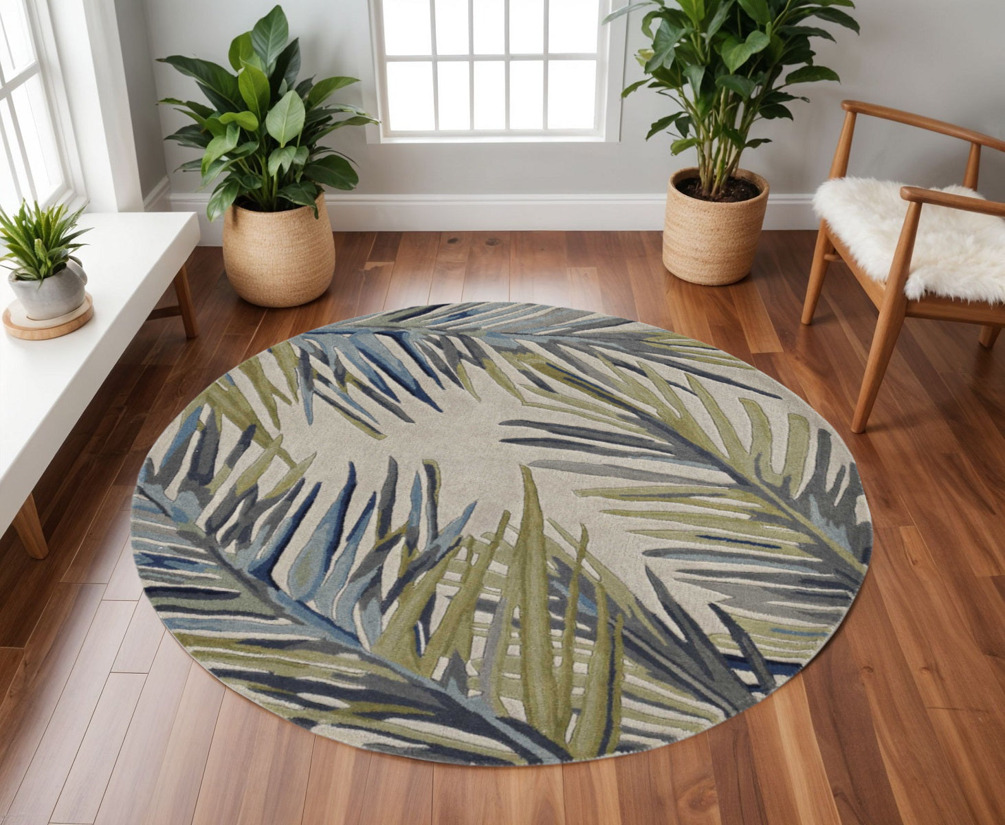 10' Ivory Blue And Green Wool Tropical Botanical Hand Tufted Runner Rug-Area Rugs-DECOROLALA