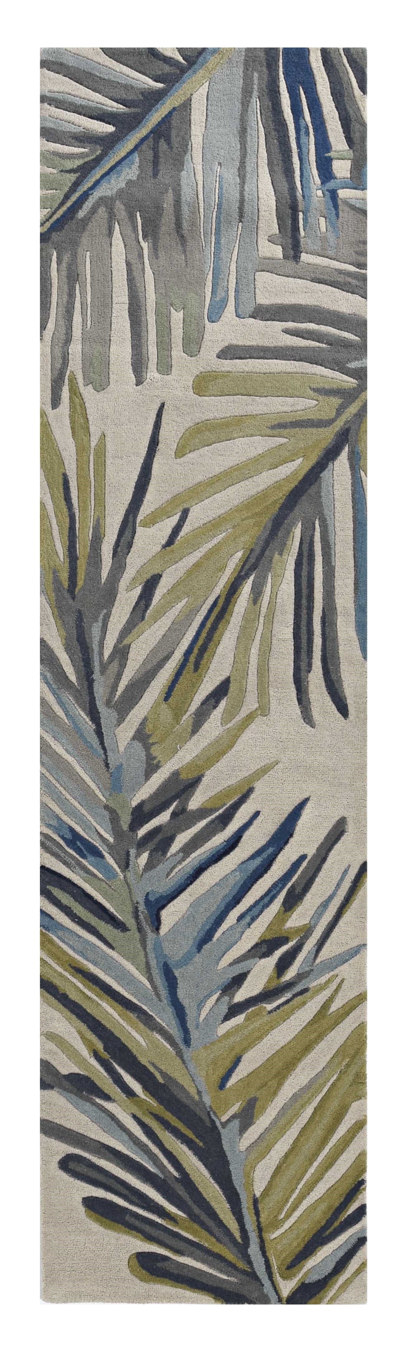 10' Ivory Blue And Green Wool Tropical Botanical Hand Tufted Runner Rug-Area Rugs-DECOROLALA