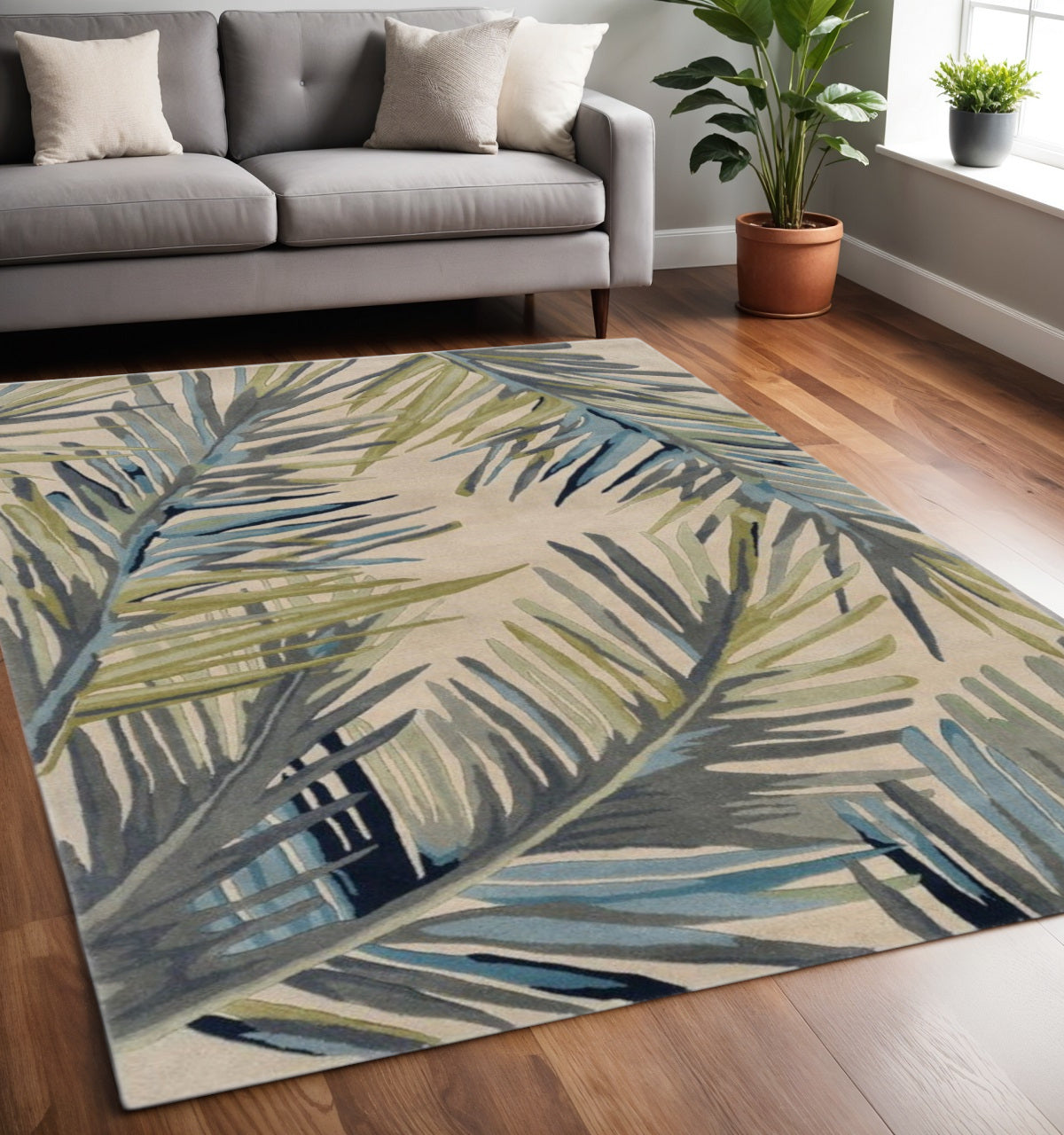 10' Ivory Blue And Green Wool Tropical Botanical Hand Tufted Runner Rug-Area Rugs-DECOROLALA