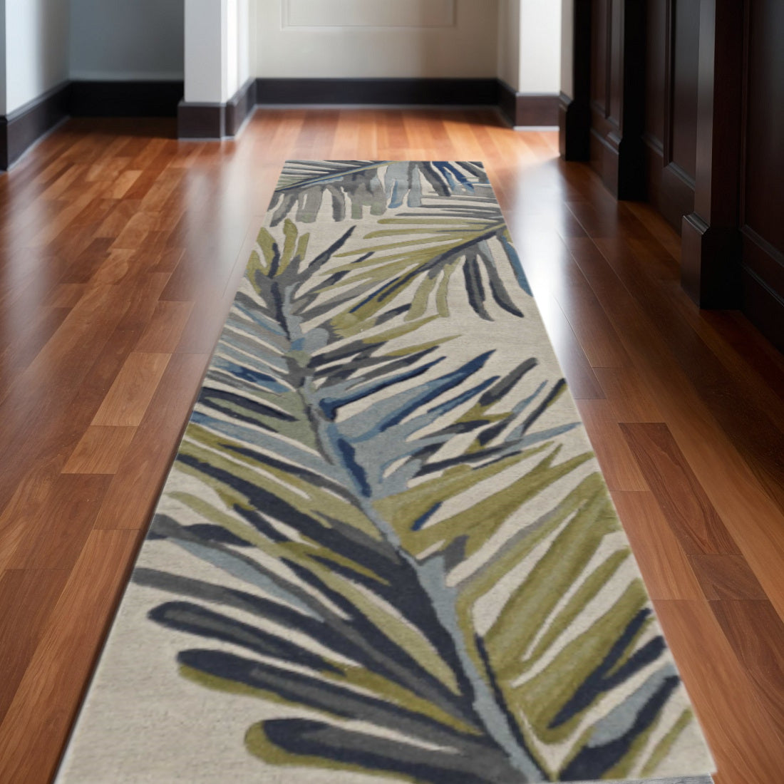 10' Ivory Blue And Green Wool Tropical Botanical Hand Tufted Runner Rug-Area Rugs-DECOROLALA