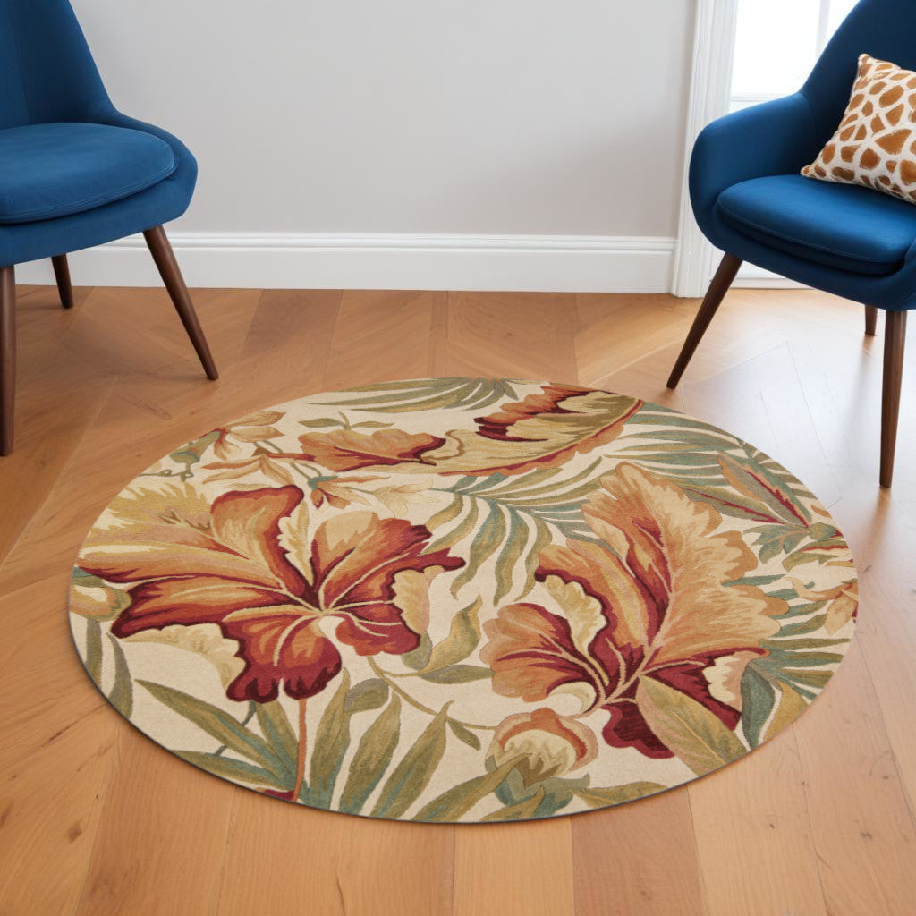 10' Ivory Green And Red Wool Tropical Botanical Hand Tufted Runner Rug-Area Rugs-DECOROLALA