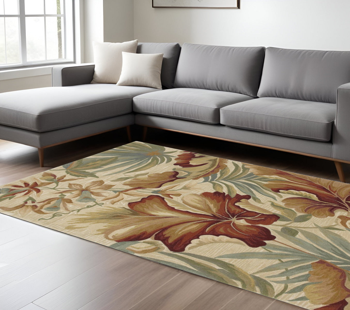 10' Ivory Green And Red Wool Tropical Botanical Hand Tufted Runner Rug-Area Rugs-DECOROLALA