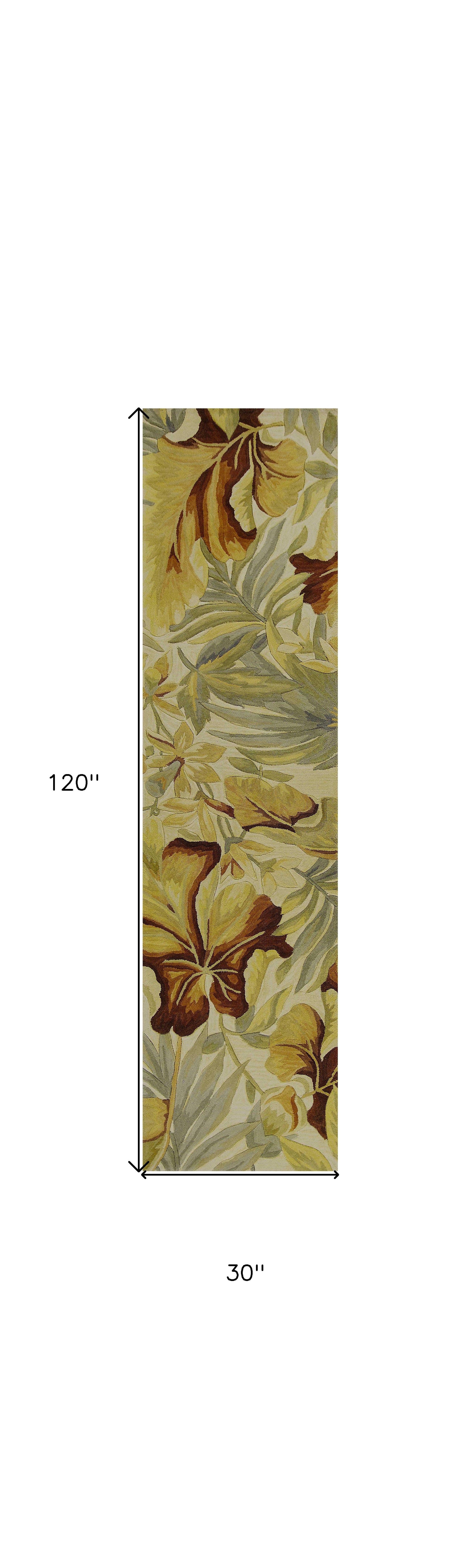 10' Ivory Green And Red Wool Tropical Botanical Hand Tufted Runner Rug-Area Rugs-DECOROLALA