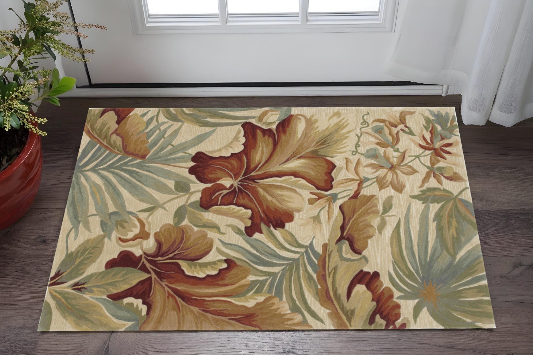 10' Ivory Green And Red Wool Tropical Botanical Hand Tufted Runner Rug-Area Rugs-DECOROLALA