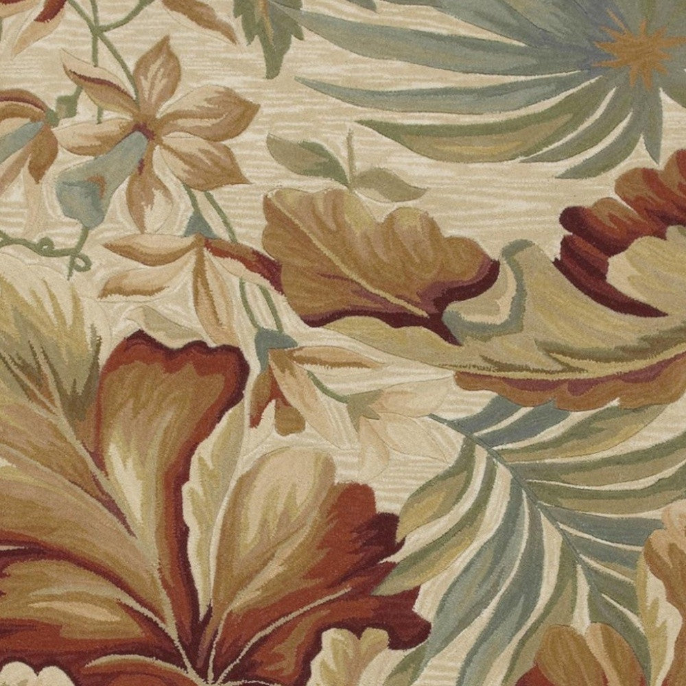 10' Ivory Green And Red Wool Tropical Botanical Hand Tufted Runner Rug-Area Rugs-DECOROLALA