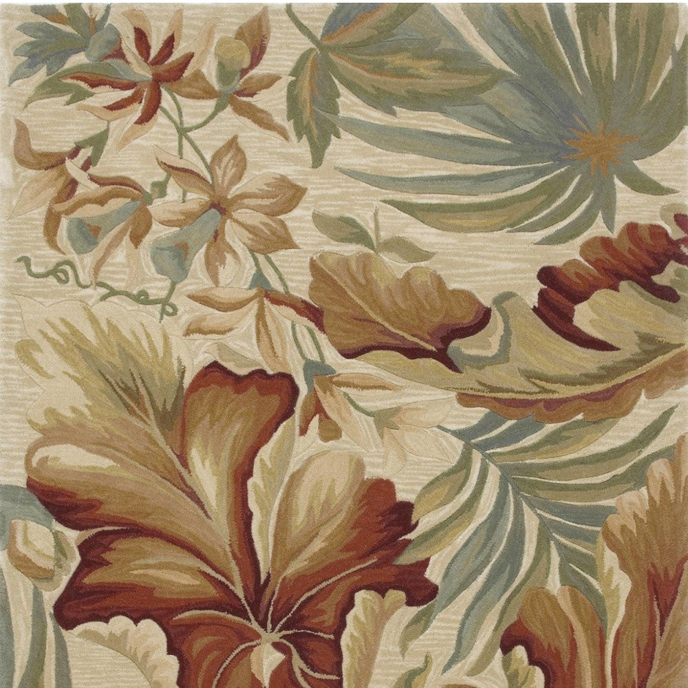 10' Ivory Green And Red Wool Tropical Botanical Hand Tufted Runner Rug-Area Rugs-DECOROLALA