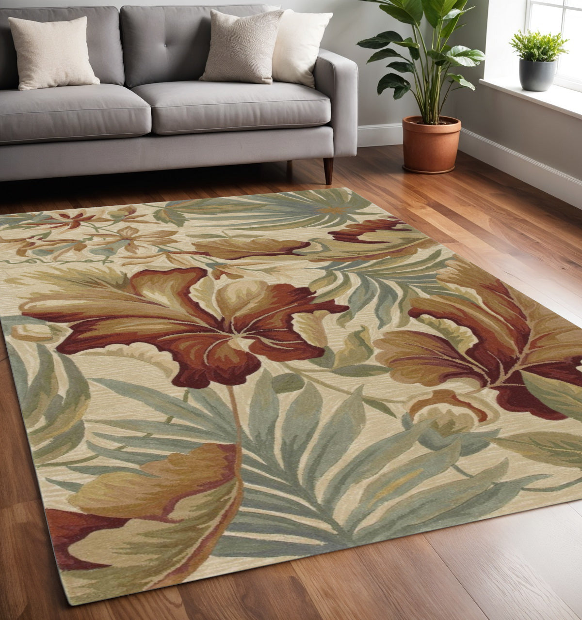 10' Ivory Green And Red Wool Tropical Botanical Hand Tufted Runner Rug-Area Rugs-DECOROLALA