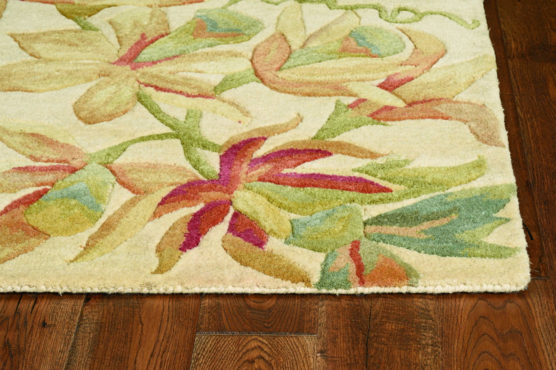 10' Ivory Green And Red Wool Tropical Botanical Hand Tufted Runner Rug-Area Rugs-DECOROLALA
