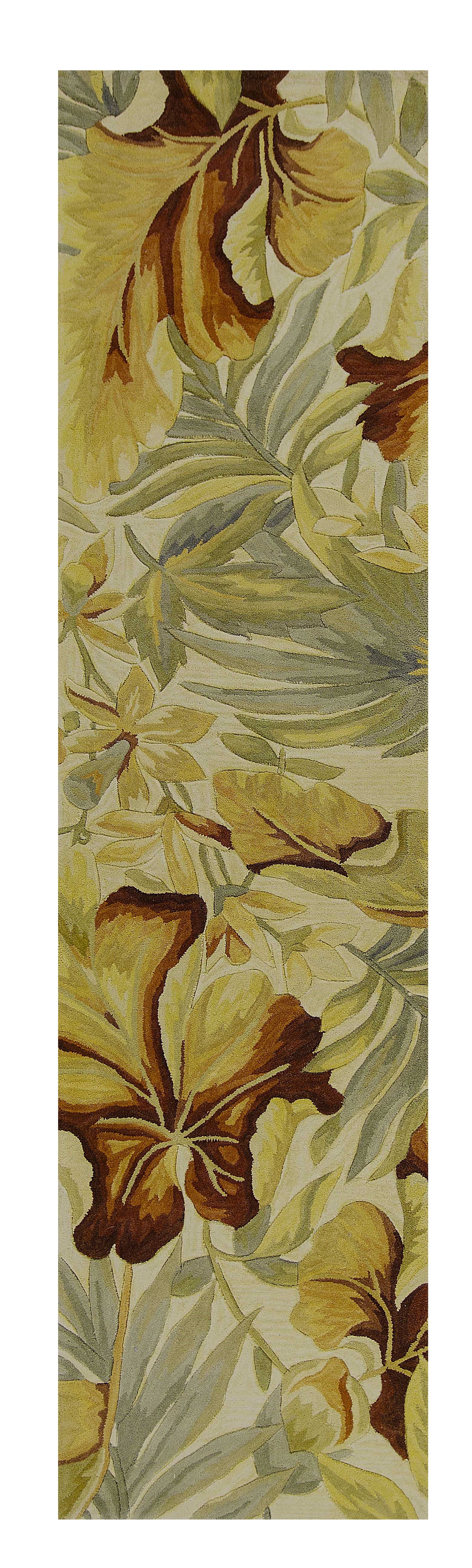 10' Ivory Green And Red Wool Tropical Botanical Hand Tufted Runner Rug-Area Rugs-DECOROLALA