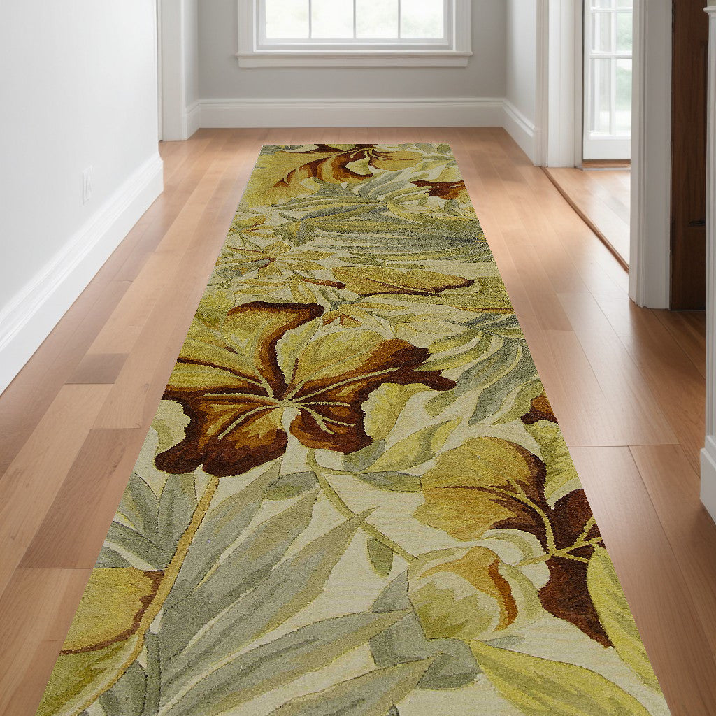 10' Ivory Green And Red Wool Tropical Botanical Hand Tufted Runner Rug-Area Rugs-DECOROLALA
