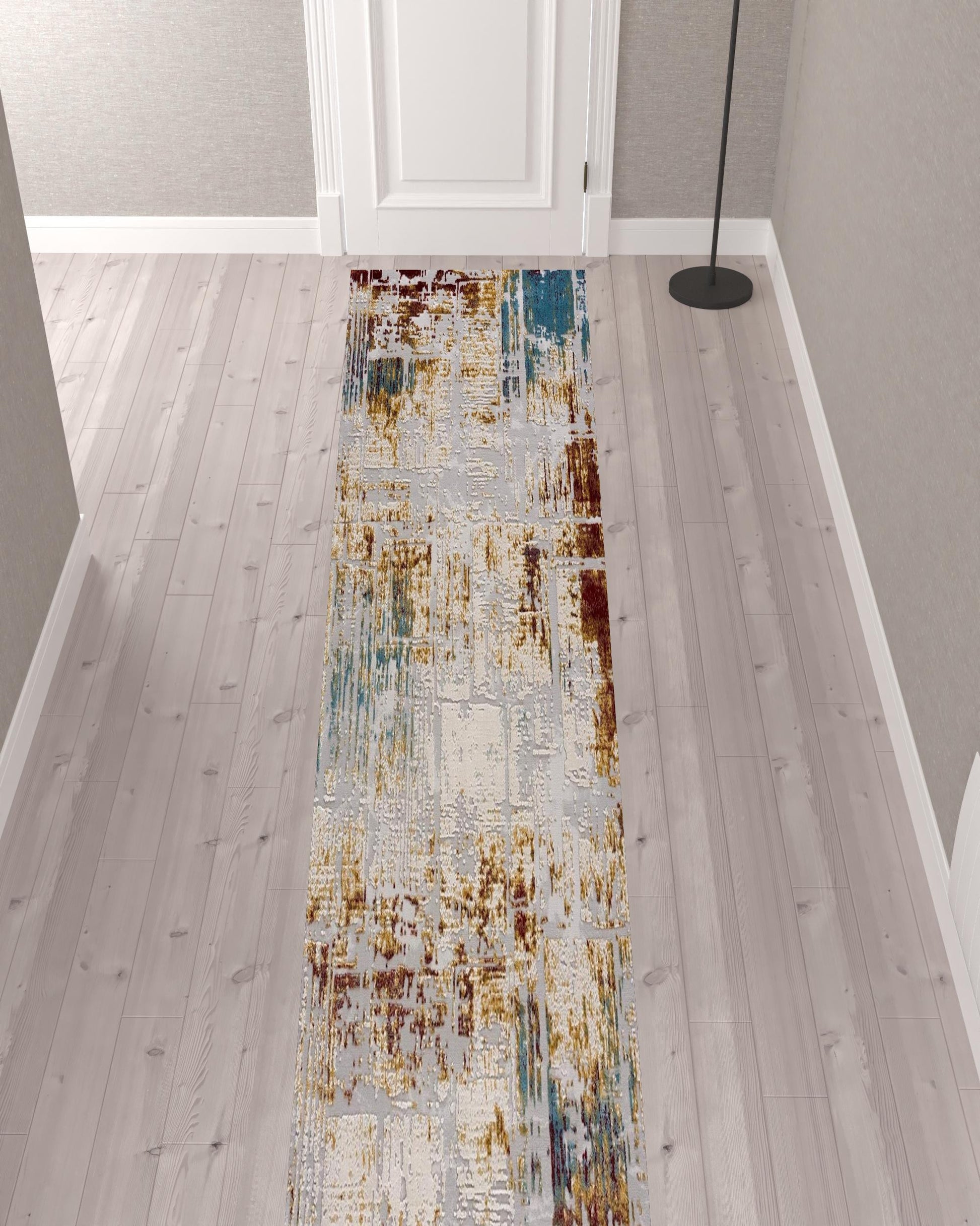 10' Ivory and Gold Abstract Runner Rug-Area Rugs-DECOROLALA