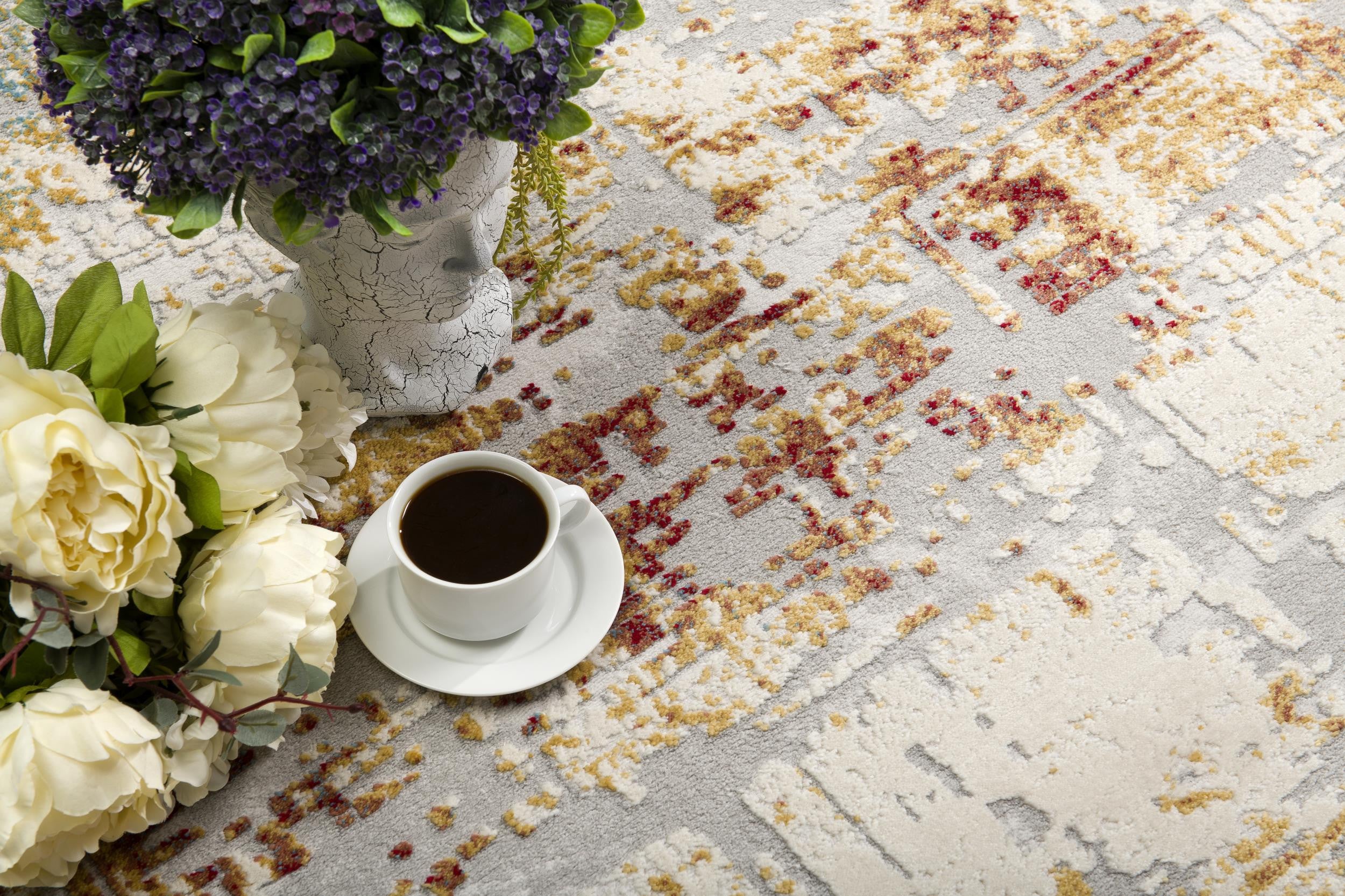 10' Ivory and Gold Abstract Runner Rug-Area Rugs-DECOROLALA