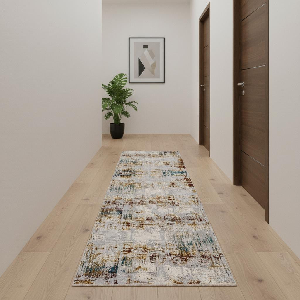 10' Ivory and Gold Abstract Runner Rug-Area Rugs-DECOROLALA