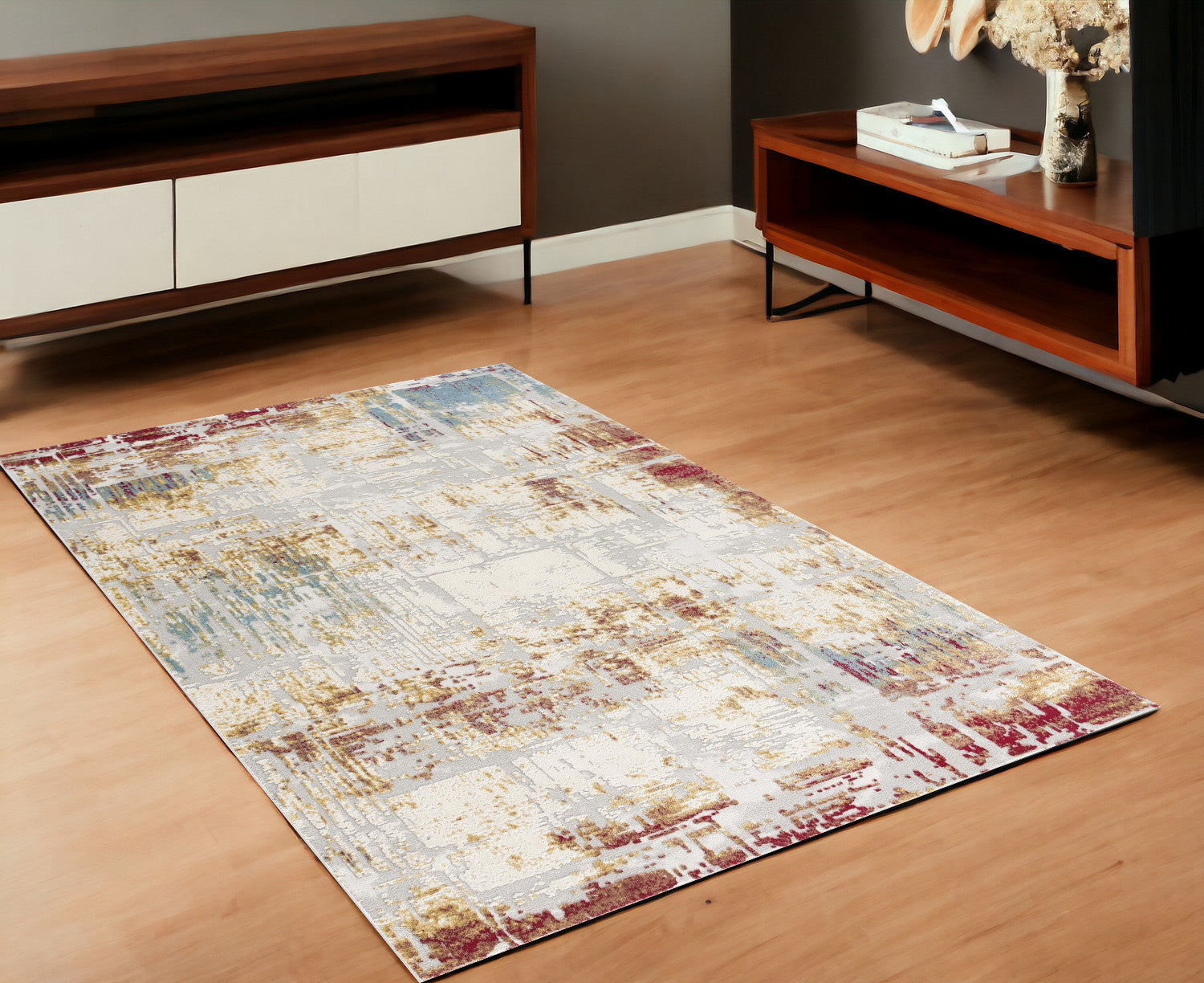 10' Ivory and Gold Abstract Runner Rug-Area Rugs-DECOROLALA