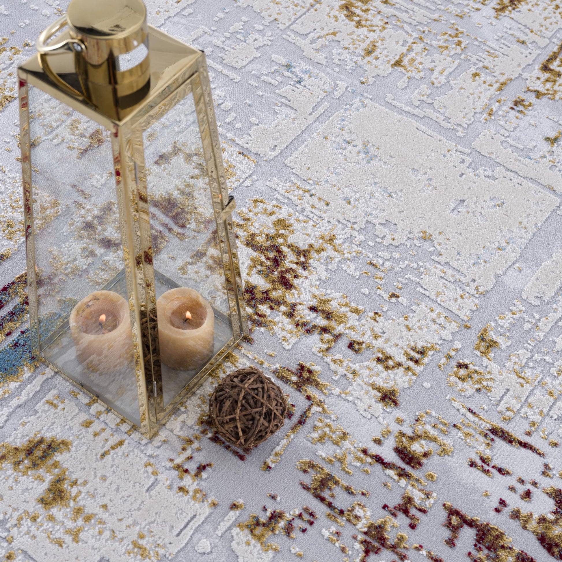 10' Ivory and Gold Abstract Runner Rug-Area Rugs-DECOROLALA