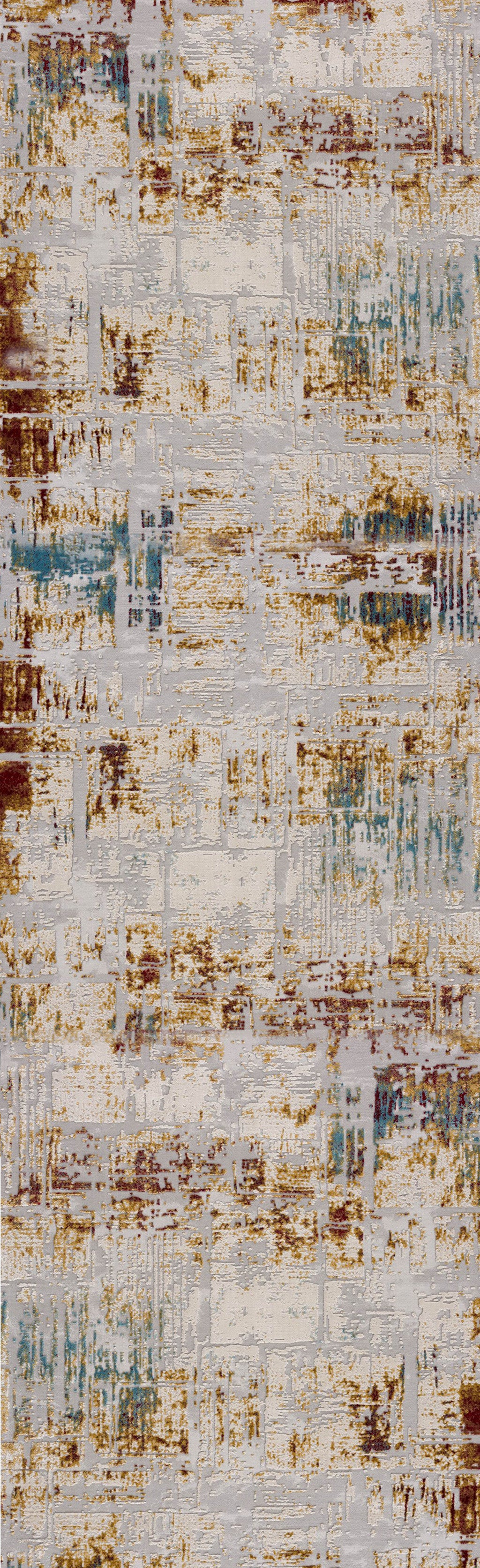 10' Ivory and Gold Abstract Runner Rug-Area Rugs-DECOROLALA