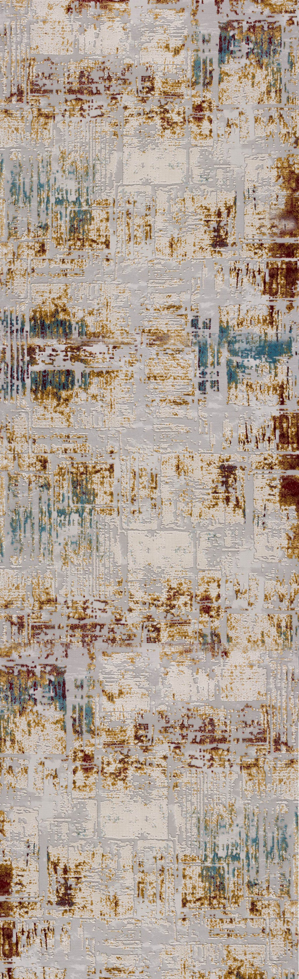 10' Ivory and Gold Abstract Runner Rug-Area Rugs-DECOROLALA