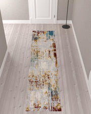 10' Ivory and Gold Abstract Runner Rug-Area Rugs-DECOROLALA