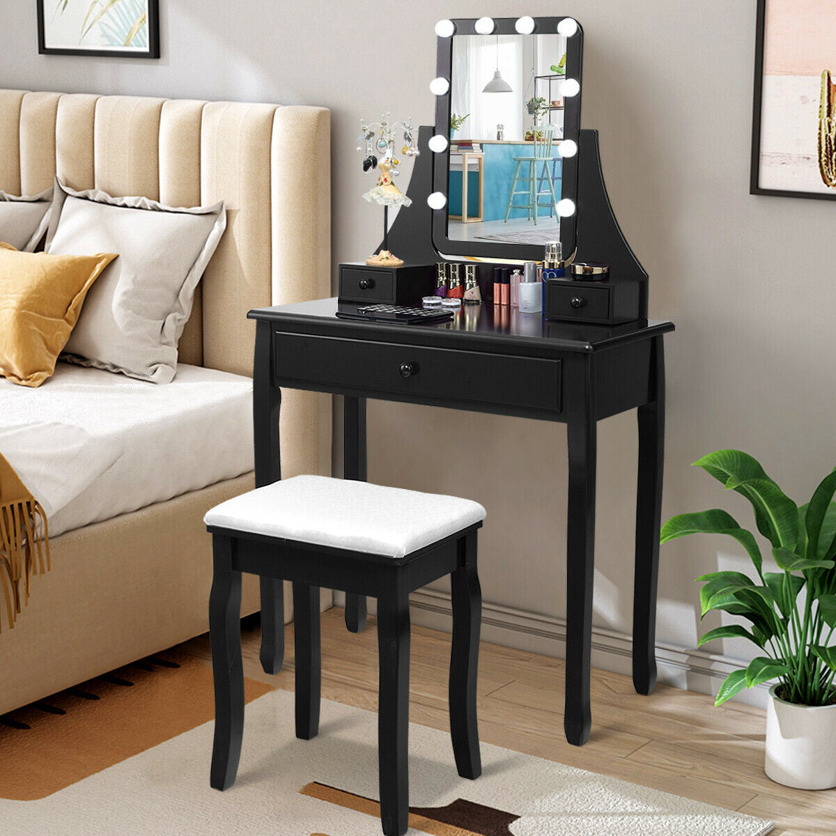10 LED Lighted Mirror and 3 Drawers Vanity Table Set-Black-Makeup Vanities-DECOROLALA