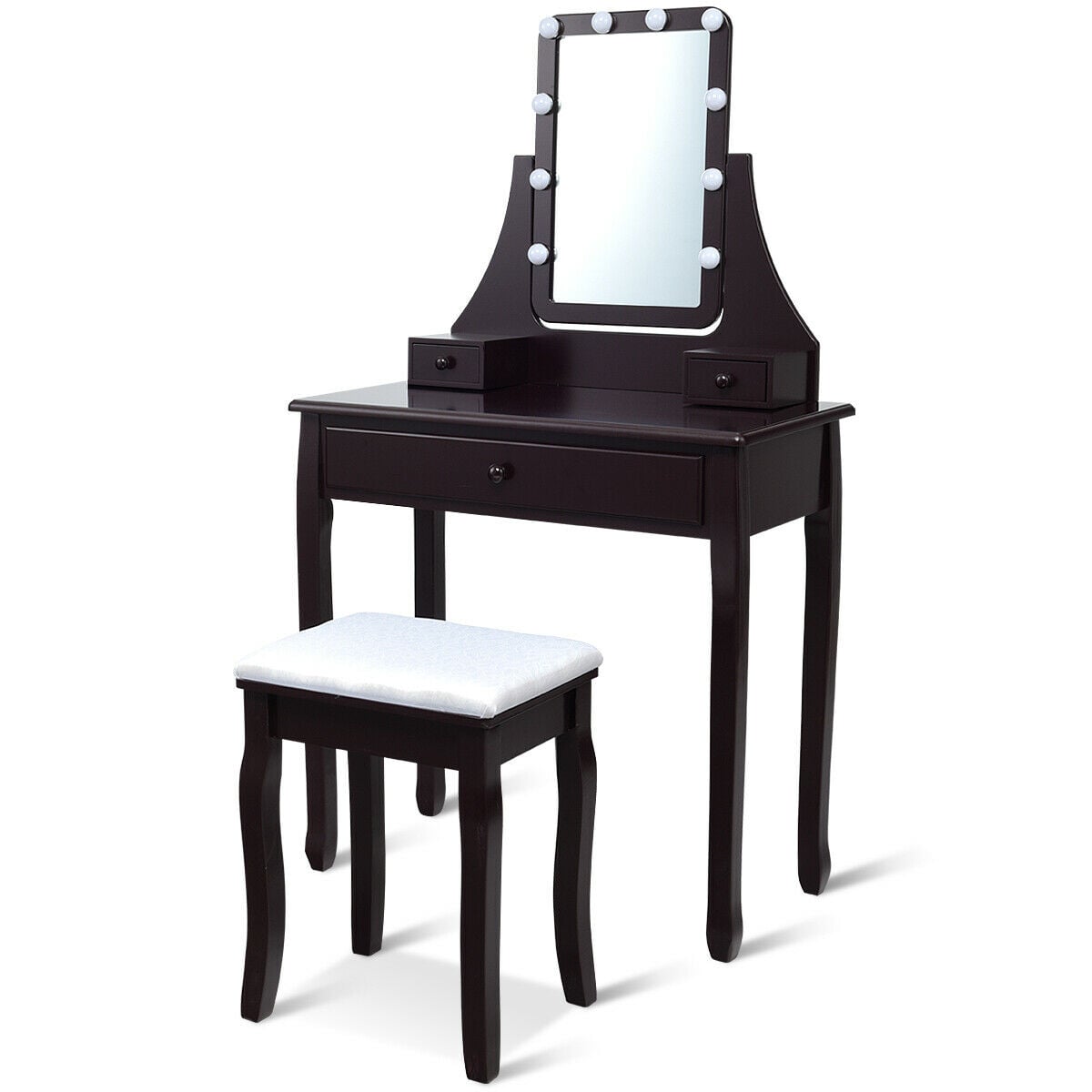 10 LED Lighted Mirror and 3 Drawers Vanity Table Set-Brown-Makeup Vanities-DECOROLALA