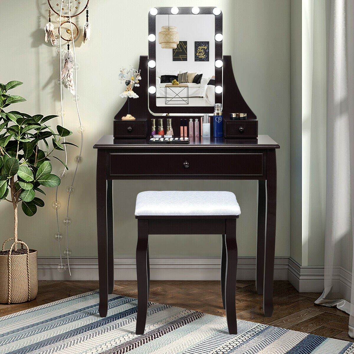 10 LED Lighted Mirror and 3 Drawers Vanity Table Set-Brown-Makeup Vanities-DECOROLALA