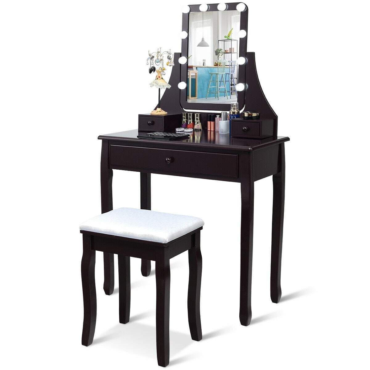 10 LED Lighted Mirror and 3 Drawers Vanity Table Set-Brown-Makeup Vanities-DECOROLALA