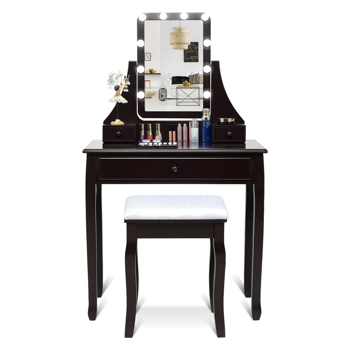 10 LED Lighted Mirror and 3 Drawers Vanity Table Set-Brown-Makeup Vanities-DECOROLALA