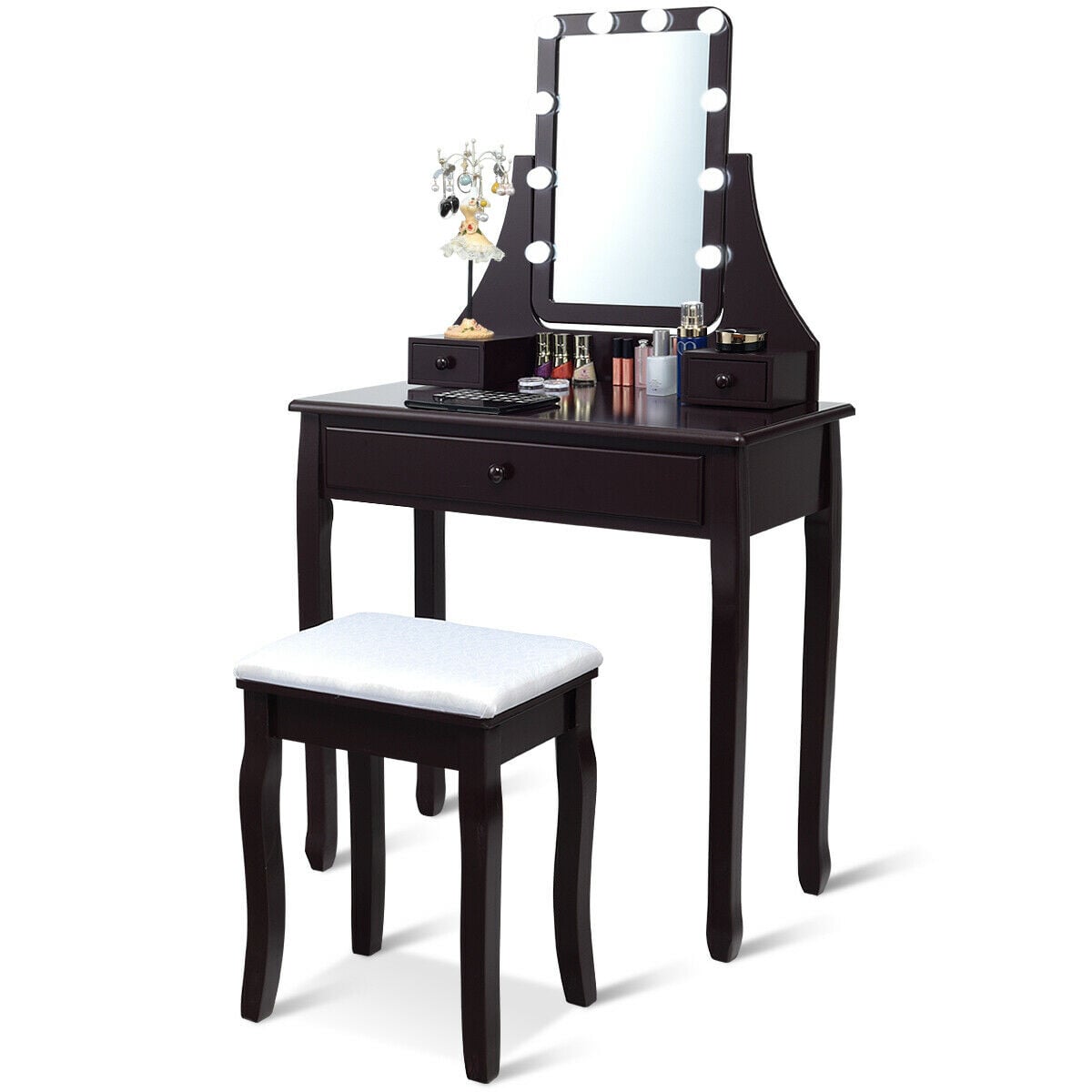 10 LED Lighted Mirror and 3 Drawers Vanity Table Set-Brown-Makeup Vanities-DECOROLALA