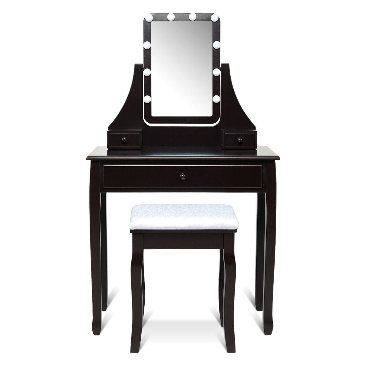 10 LED Lighted Mirror and 3 Drawers Vanity Table Set-Brown-Makeup Vanities-DECOROLALA
