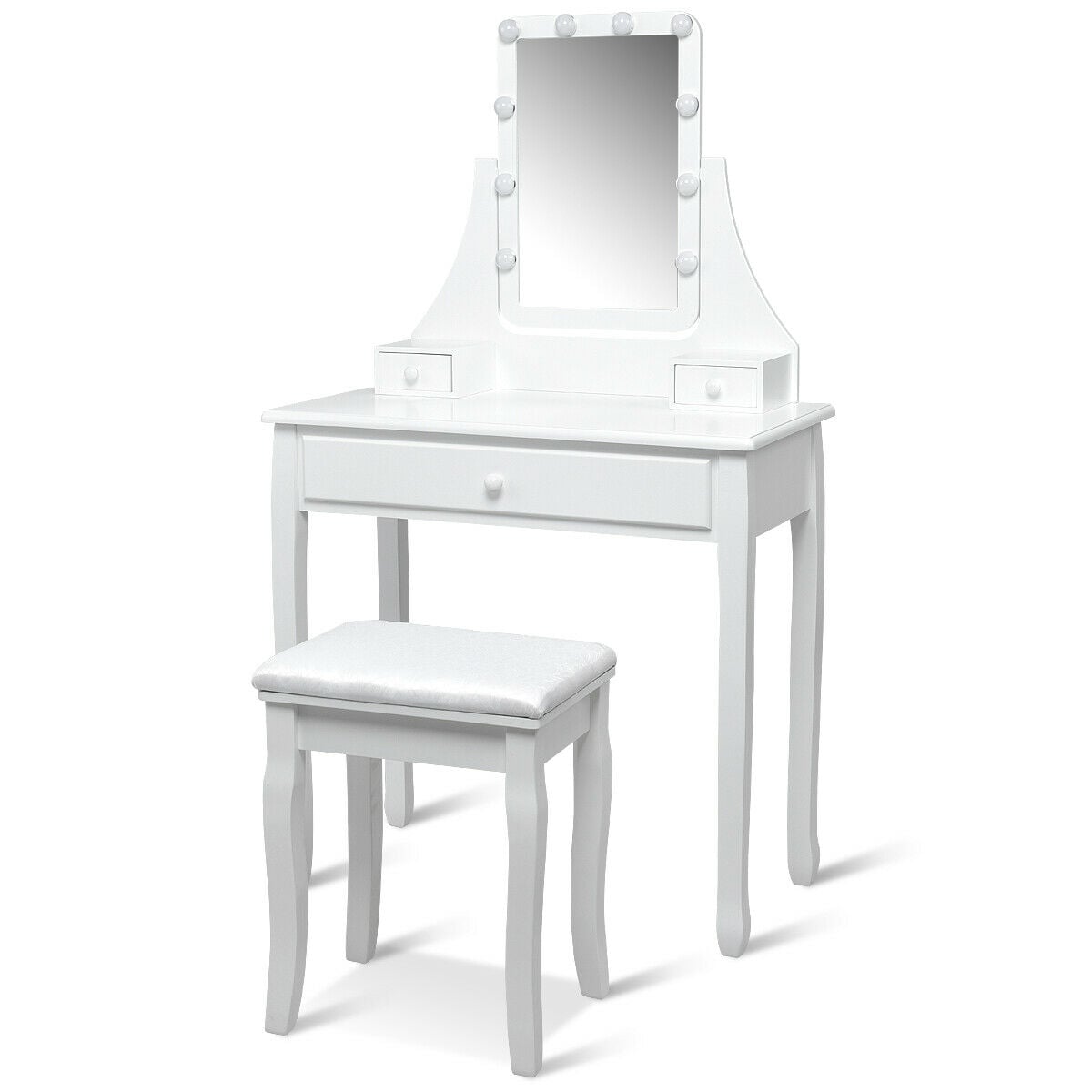 10 LED Lighted Mirror and 3 Drawers Vanity Table Set-White-Makeup Vanities-DECOROLALA